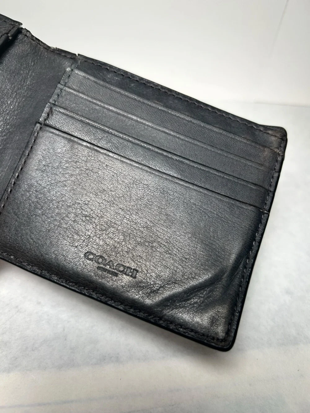 Coach Men’s Bi-fold Dark Gray Card/Bill Slim Leather Wallet w Monogram EUC